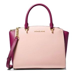 MICHAEL KORS ELLIS TWO LEATHER SATCHEL MAGENTA